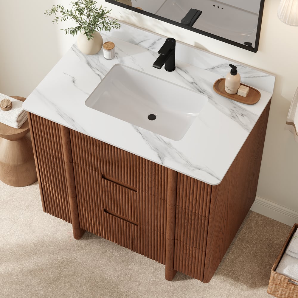 36" Fluted Single Bathroom Vanity with Sink and Sintered Stone Top window image