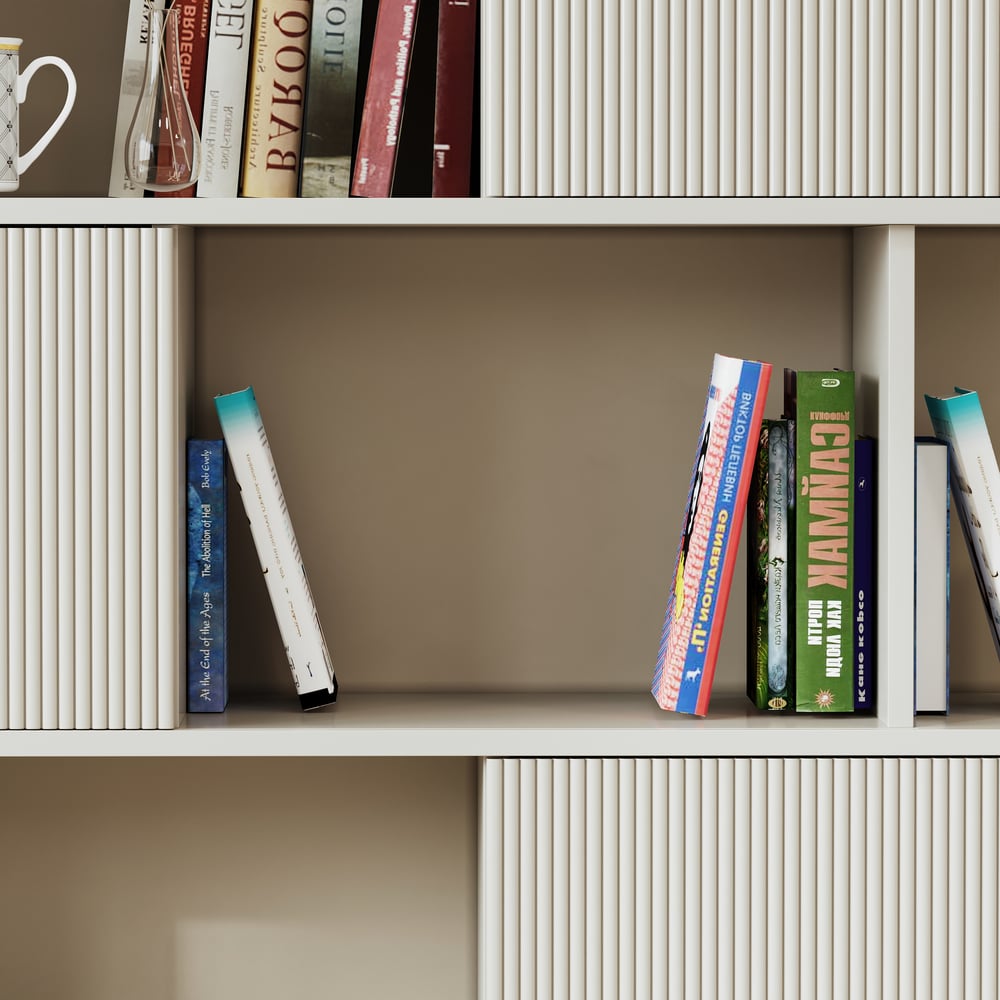 72.8" Warm White Sliding Door Etagere Bookshelf 5-Shelf Tall Book Shelf Rich Storage window image