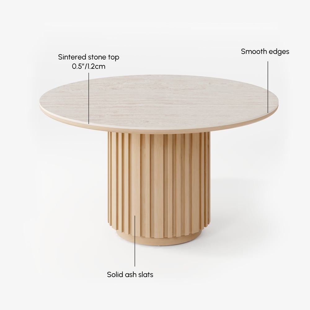 Aura 47" Round Natural Faux Travertine Sintered Stone Dining Table, Fluted Base, Seats 4 window image