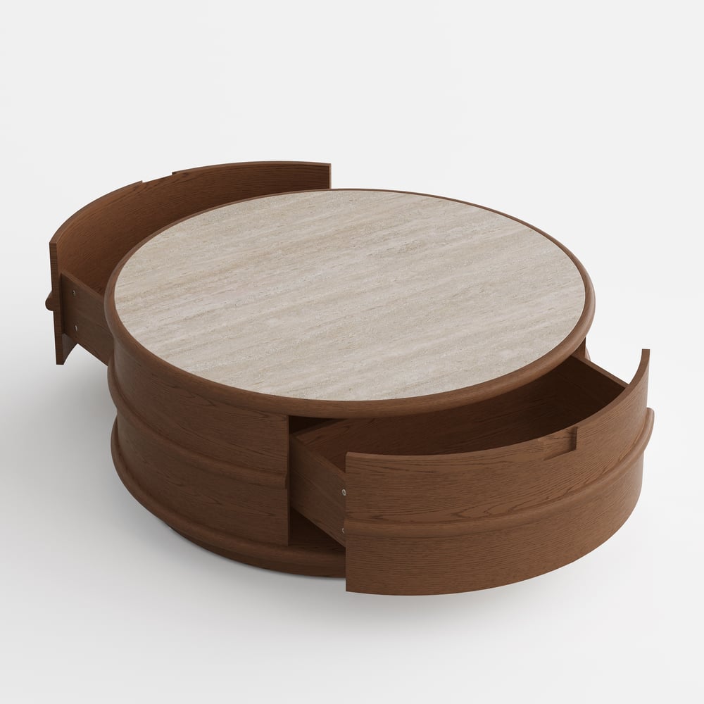 36" Ash Wood Round Coffee Table with Sintered Stone Top window image