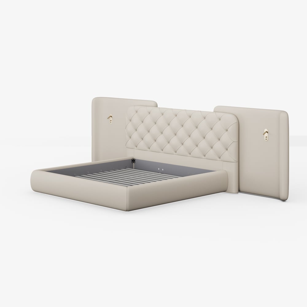 Modern King Genuine Leather Tufted Bed with Wide Charging Headboard & Light window image
