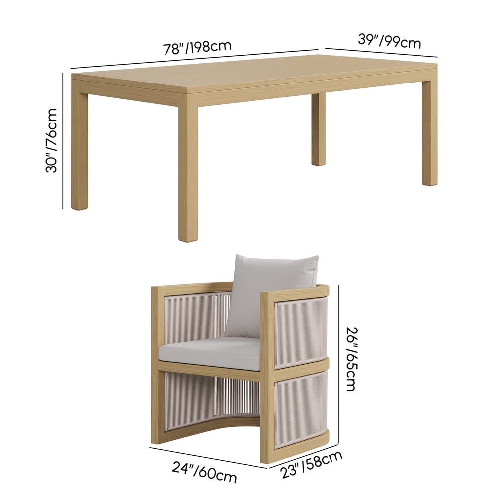 Set da pranzo da esterno Wevara a 7 pezzi con intreccio in corda e 6 sedie in colore naturale Immagine con pesi e dimensioni