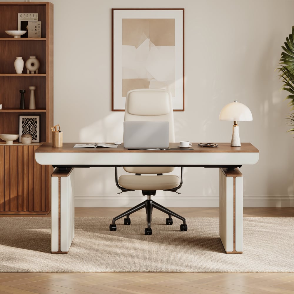 160 cm Height Adjustable Electric Standing Desk with Walnut Top and Leather-Wrapped Legs window image