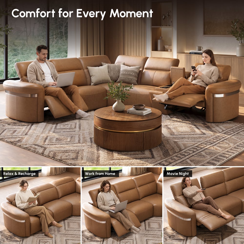 Genuine Leather Multifunction Media Console Power Reclining Sofa window image