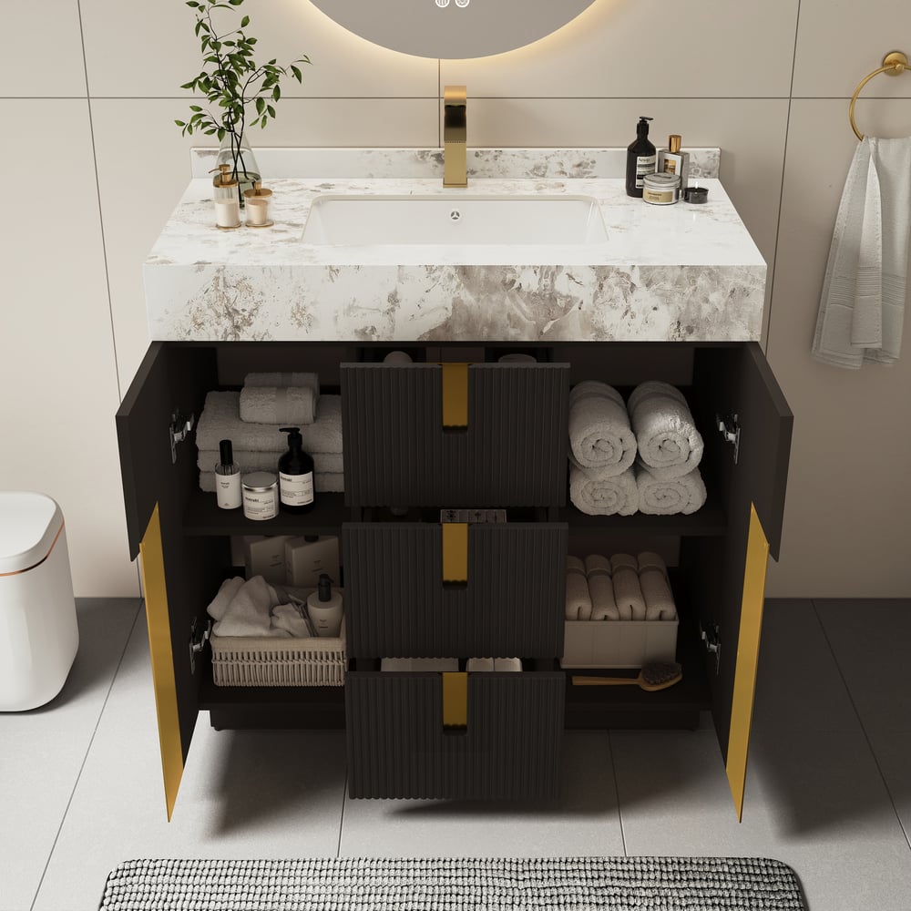 Meuble-lavabo simple autoportant Artis de 91cm avec dessus en pierre frittée image de fenêtre