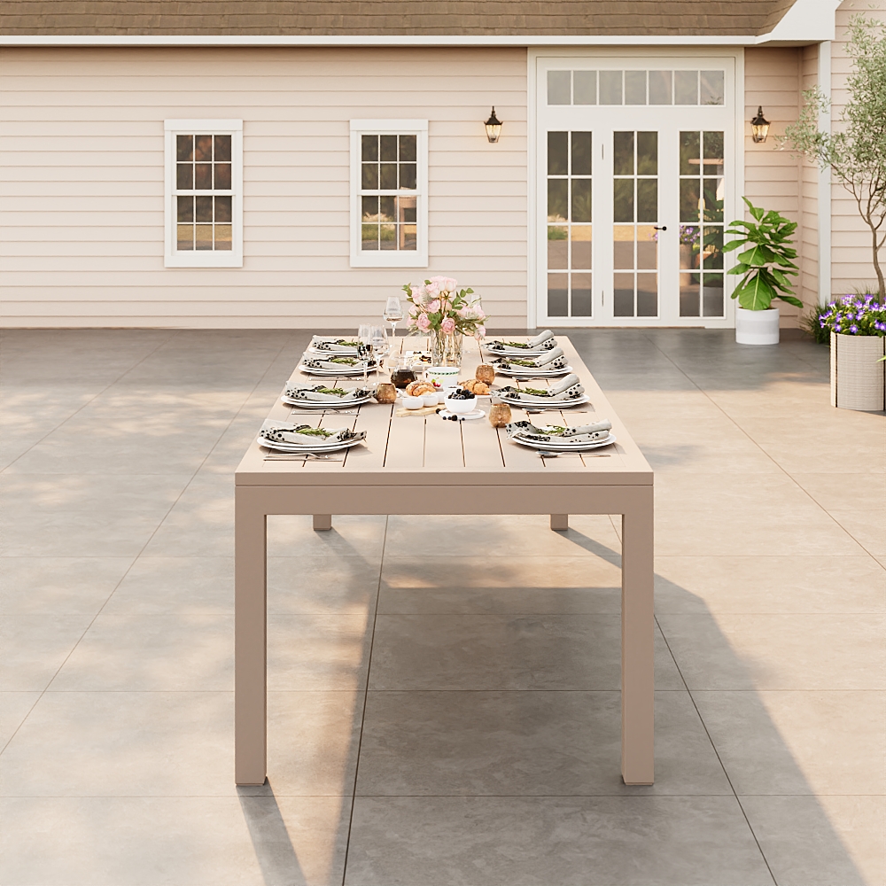 Wevara 104" Sand-Finished Aluminum Slatted Outdoor Dining Table in Sand window image