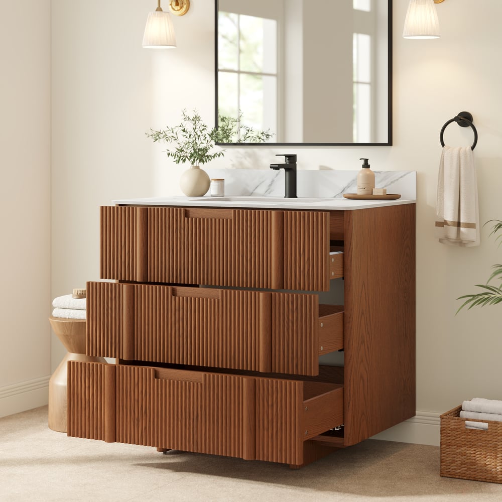 36" Fluted Single Bathroom Vanity with Sink and Sintered Stone Top window image