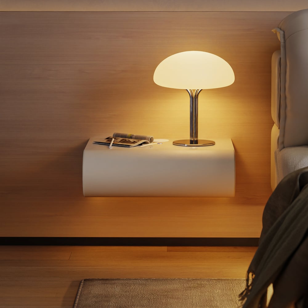 Table de chevet intelligente à LED 1 tiroir en cuir flottant Humply avec plateau en pierre frittée image de fenêtre