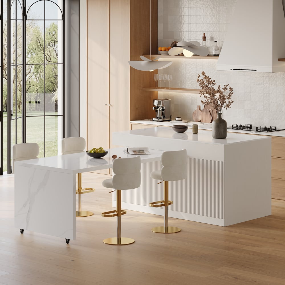 Modern 81"-112" Sintered Stone Kitchen Island with Drawers & Doors, White window image