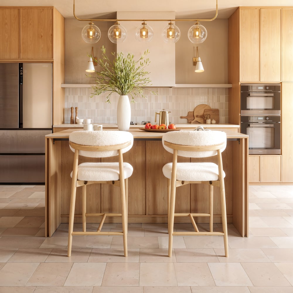 Modern Warm White Boucle Counter Stool with Natural Rubber Wood Legs, 1 Piece window image