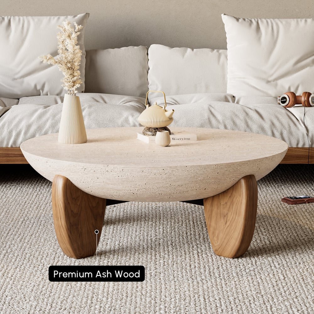 Table basse Curva ronde 94 cm en béton noyer avec pieds en bois image de fenêtre