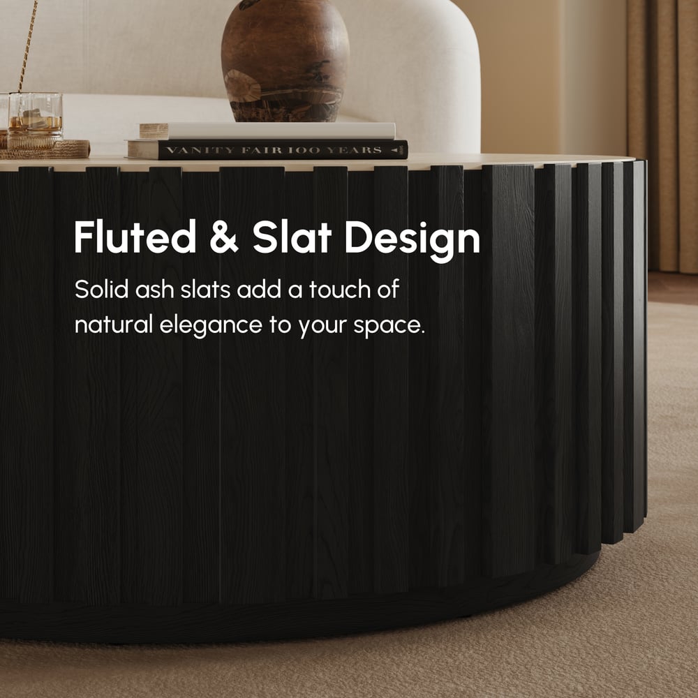 Aura 35" Round Black Slatted Sintered Stone Coffee Table with 2 Drawers window image