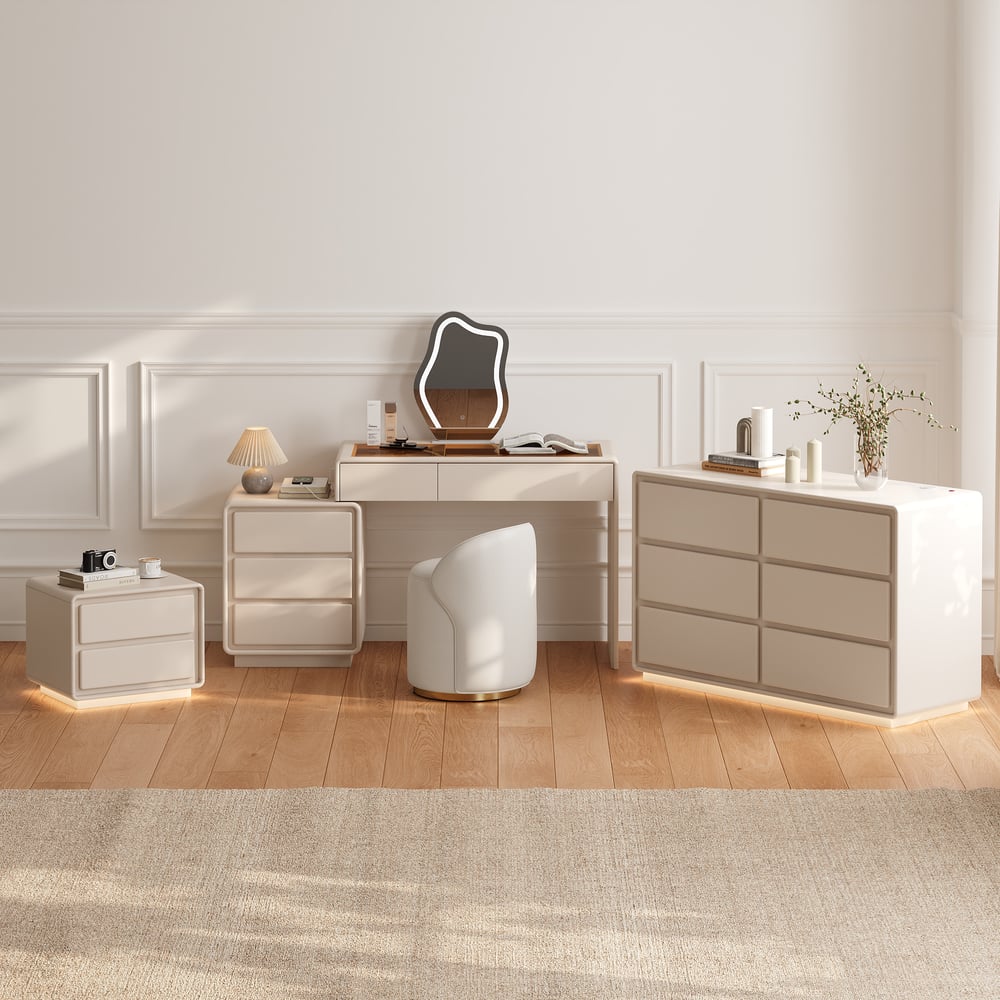 Modern Matte Warm White Makeup Vanity Set with LED Mirror and Jewelry Storage  (40"-57") window image