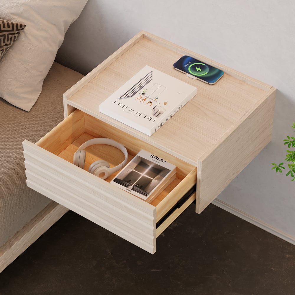 Zwevend houten nachtkastje met verlichting & oplaadstation Vensterafbeelding