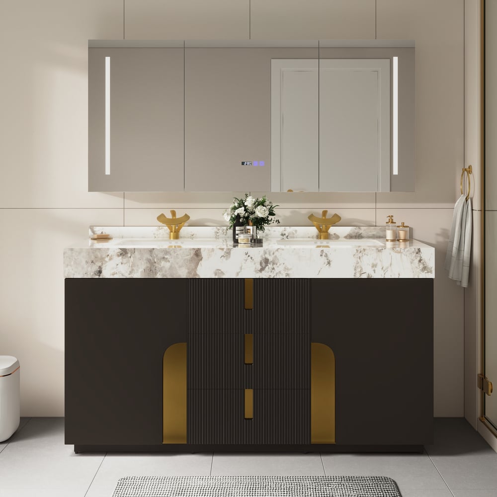 Mueble de baño Artis de 60" con doble lavabo y encimera de piedra sinterizada, 3 cajones Imagen de ventana