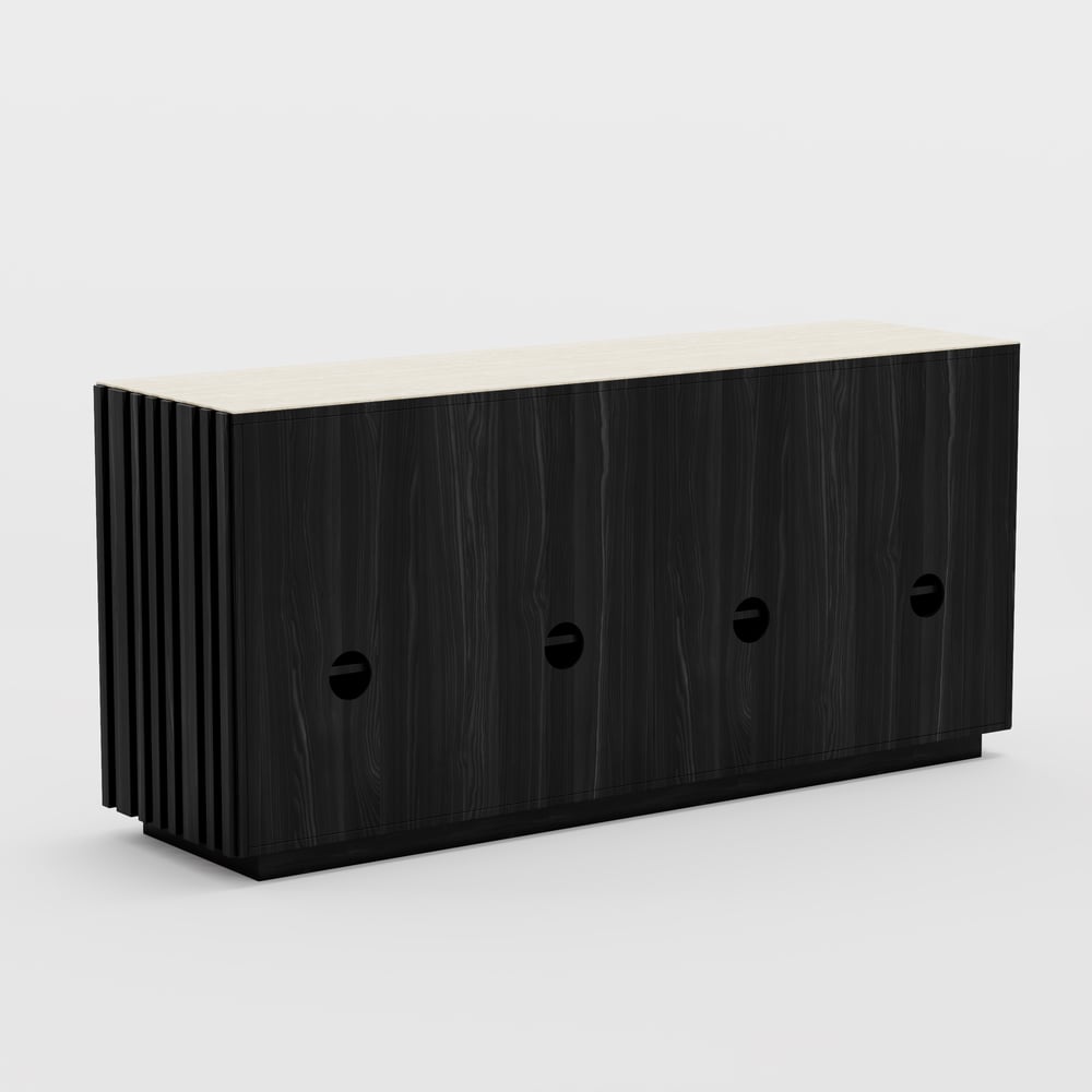 Aura 65" Ash Wood Slatted Black TV Stand with Sintered Stone Top window image
