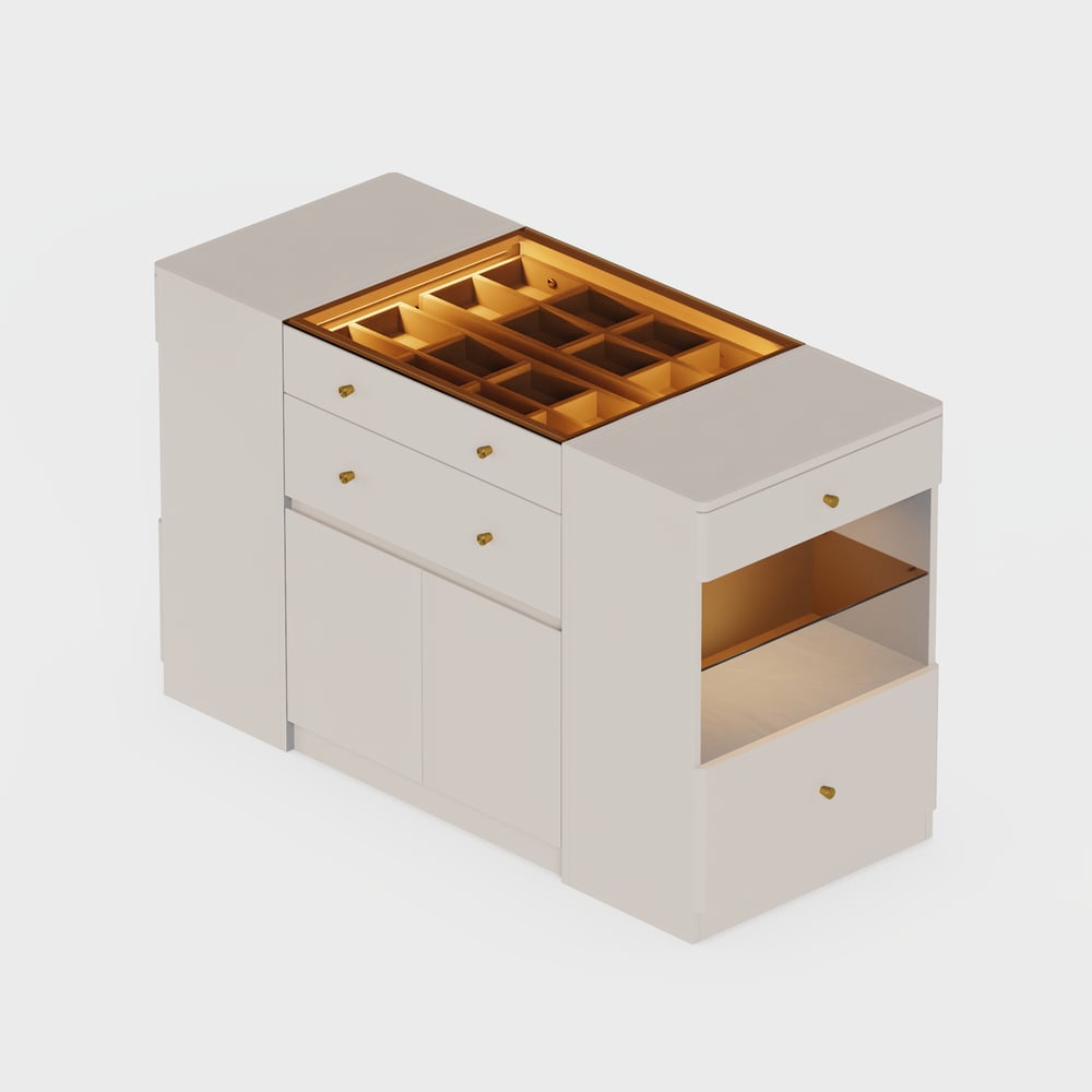 Selvo Saddle Leather Glass Top Closet Island with Storage, Light and Jewelry Display window image