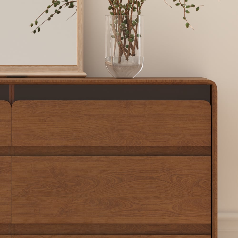 Meloa 47" Wooden Walnut 6-Drawer Dresser with Light and Charging Station window image