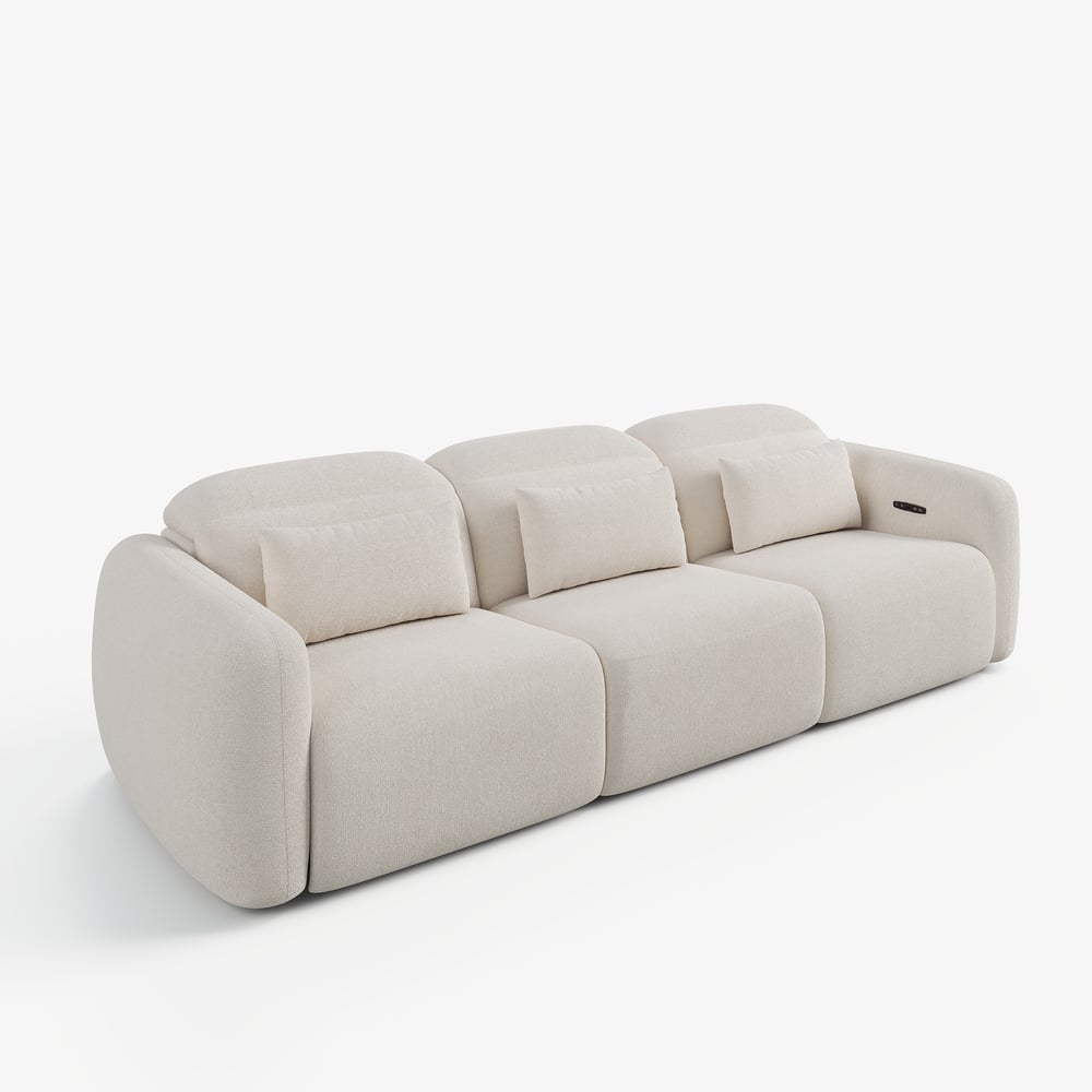 Canapé inclinable électrique 3 places de 312cm en chenille avec gravité zéro, coussins et port USB image de fenêtre