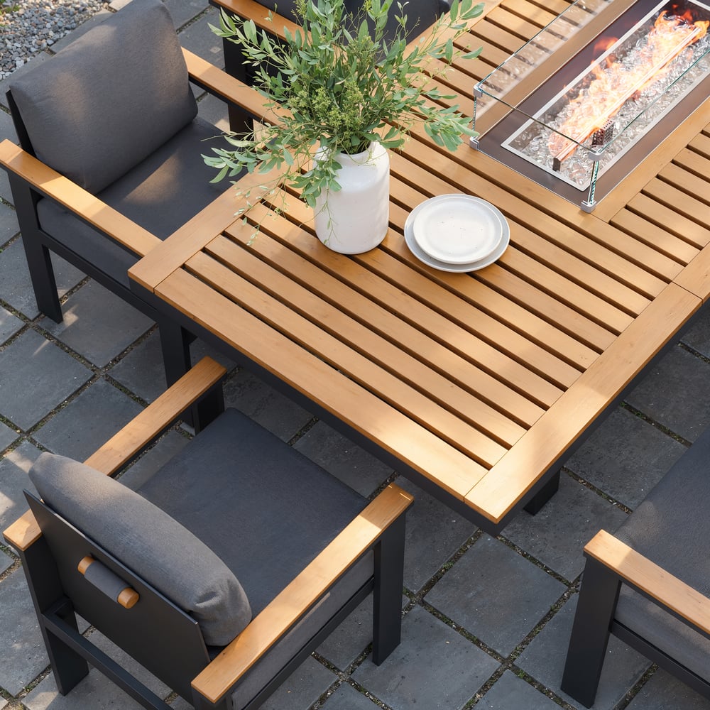 Axis 94.5" Outdoor Propane Fire Pit Dining Table with Hidden Tank & Wind Shield window image