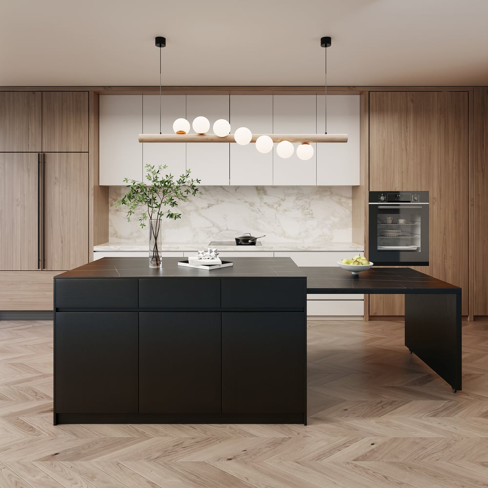 Îlot de cuisine extensible en pierre frittée mate de 81''-112" avec rangement, Noir image de fenêtre