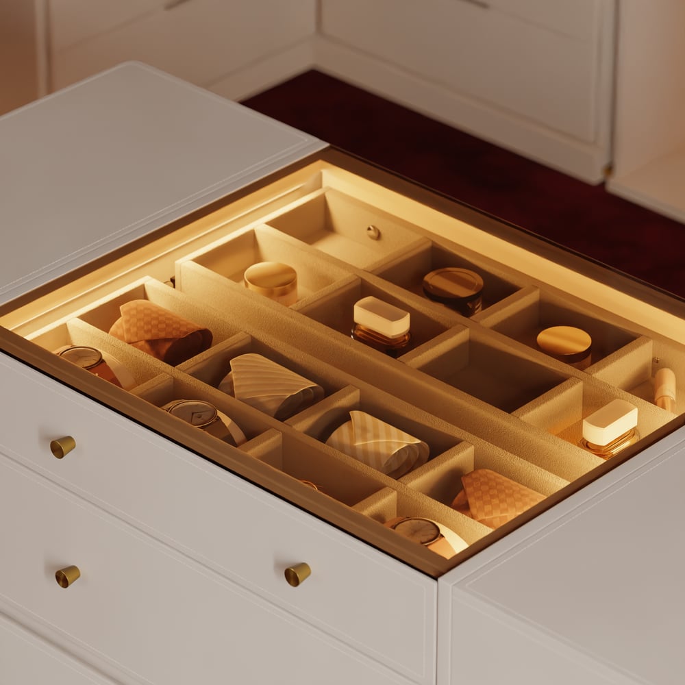 Selvo Saddle Leather Glass Top Closet Island with Storage, Light and Jewelry Display window image