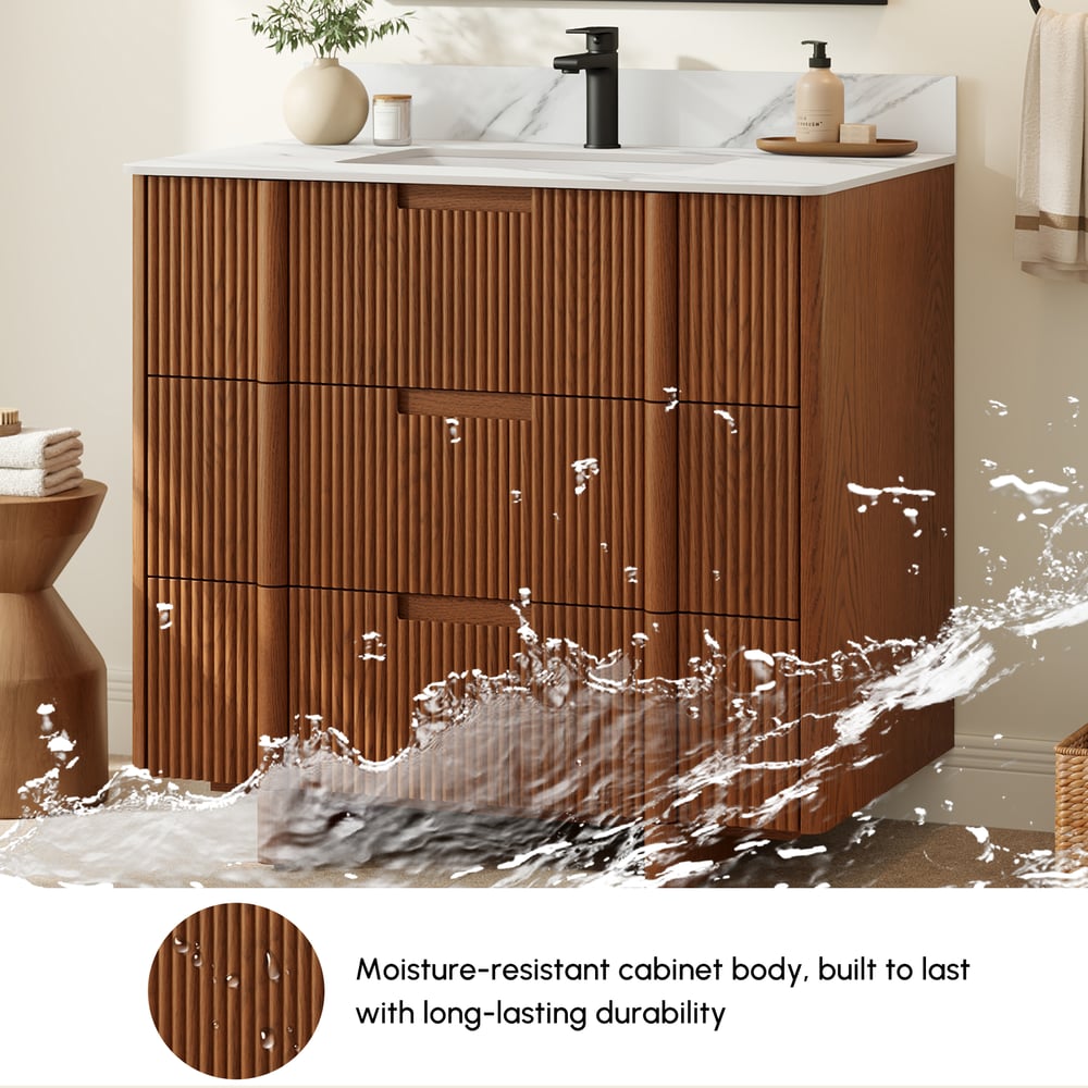 36" Fluted Single Bathroom Vanity with Sink and Sintered Stone Top window image