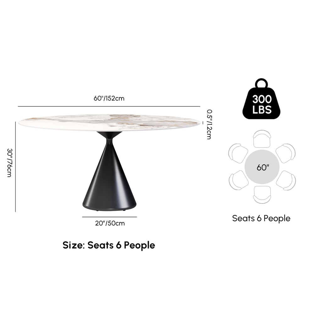 Modern 60" Round Glossy Sintered Stone Dining Table with Black Pedestal Base, Seats 6 weights dimensions image