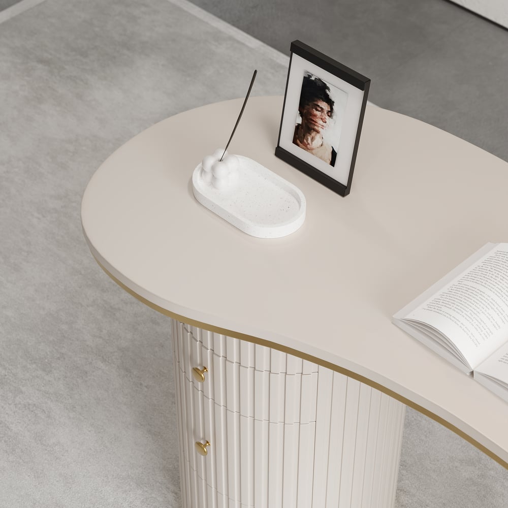 Warm White Curved Wooden Office Desk & Adjustable Swivel Executive Chair in Beige & Gold window image