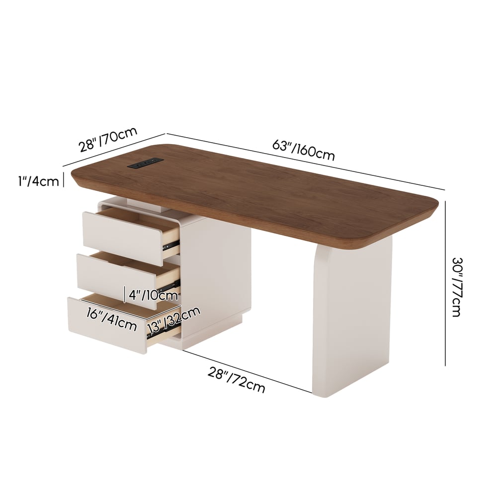 Modern 63” Rectangular Walnut Wood Desk with charging station & storage weights dimensions image
