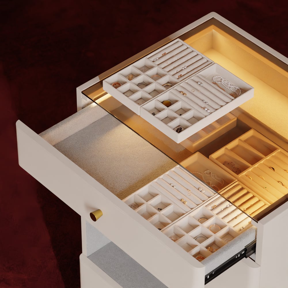 Îlot de dressing pour bijoux avec plateau en verre et éclairage image de fenêtre