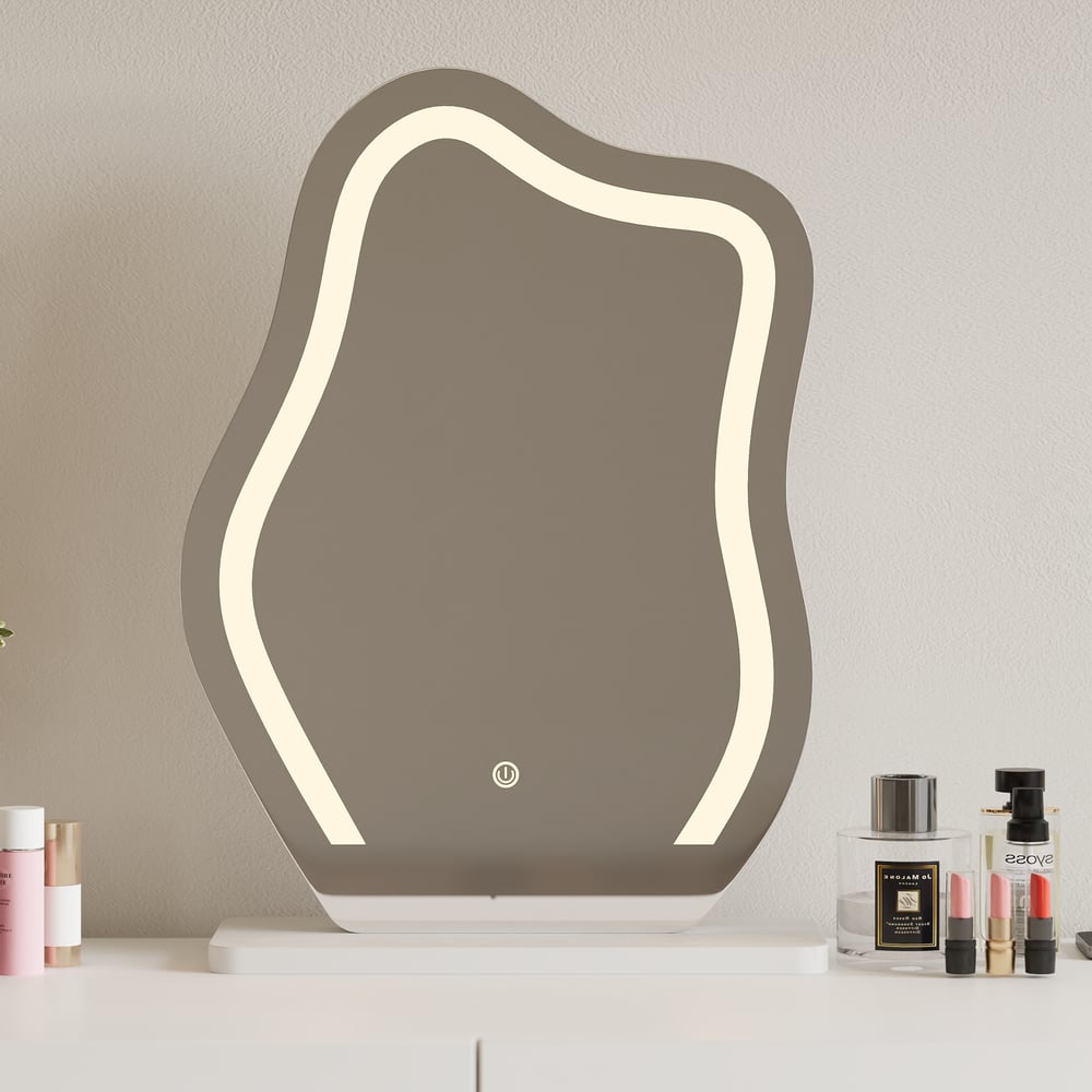 Biała toaletka do makijażu Krila z lustrem LED i stacją ładującą (40"–55") obraz okna