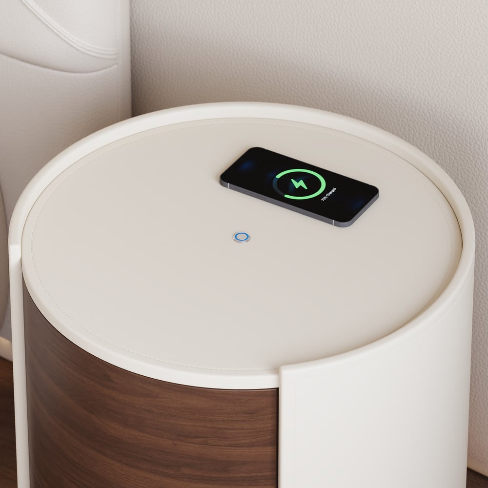 Modern Saddle Leather 2-Drawer Nightstand with Charging Station & Light window image