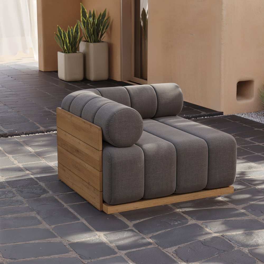 Resaro 4-delige modulaire buitenbankset van teakhout voor 5 personen in grijs Vensterafbeelding