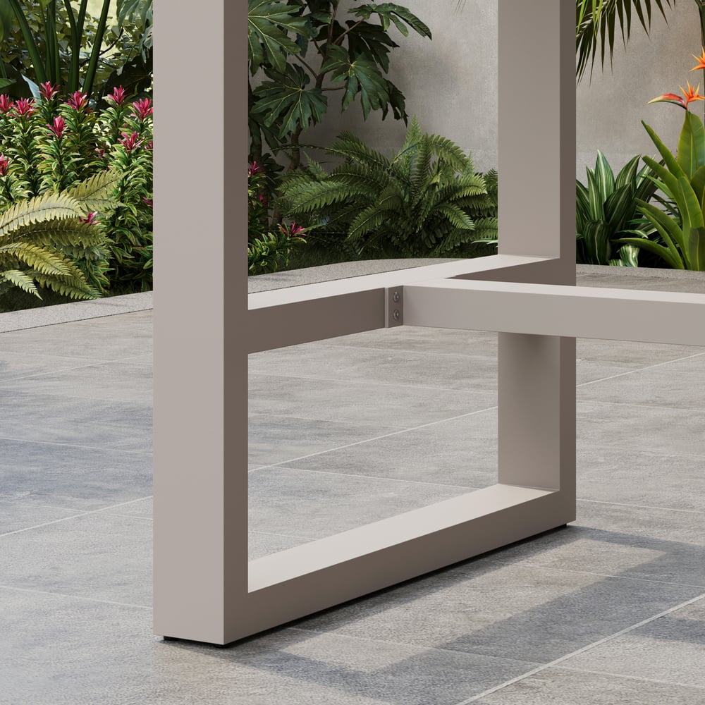 Tevara Outdoor Square Bar Table with Teak Wood Slat Top & Aluminum Frame in Sand window image
