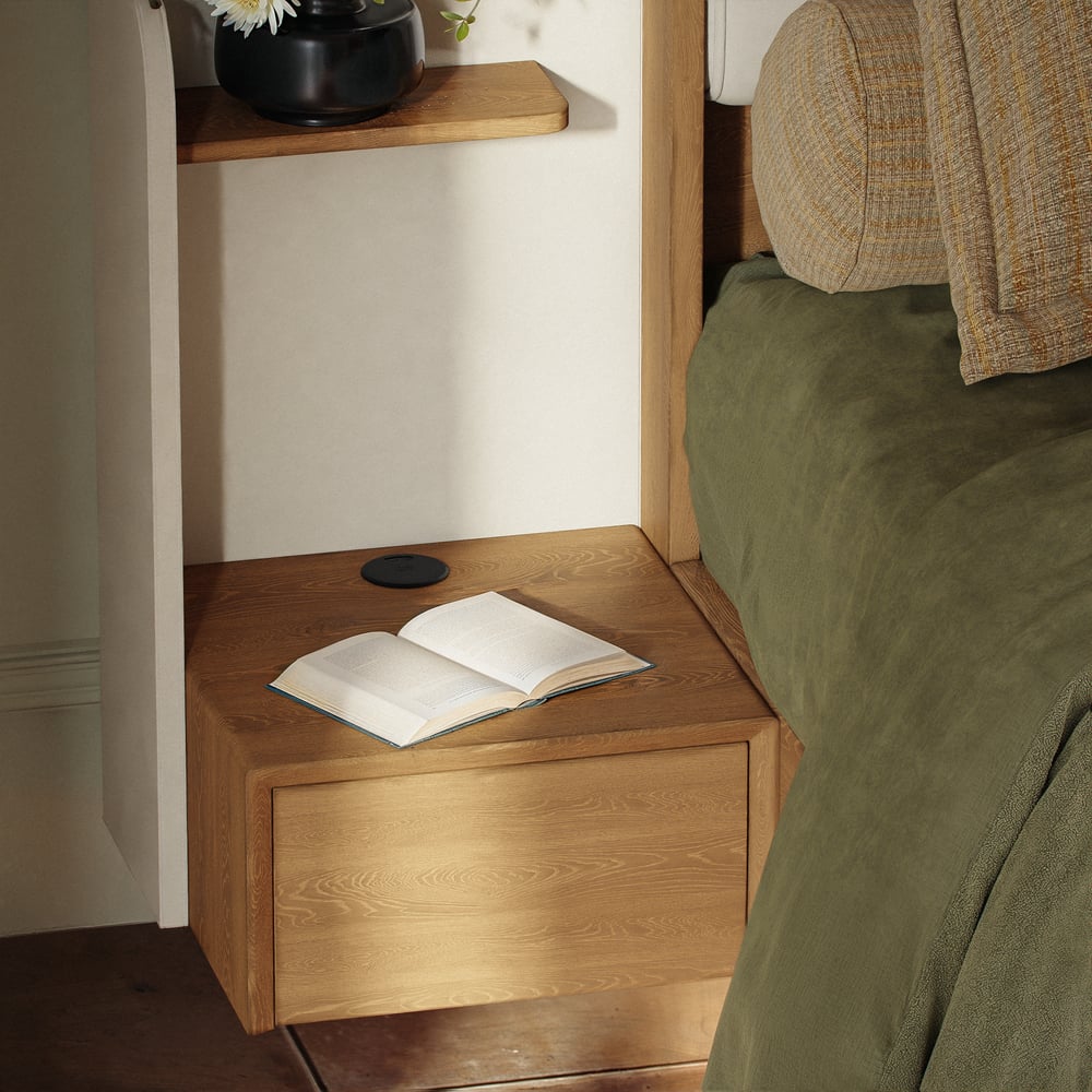 Modern Upholstered Bed with Headboard and Floating Bedside Tables in Natural window image