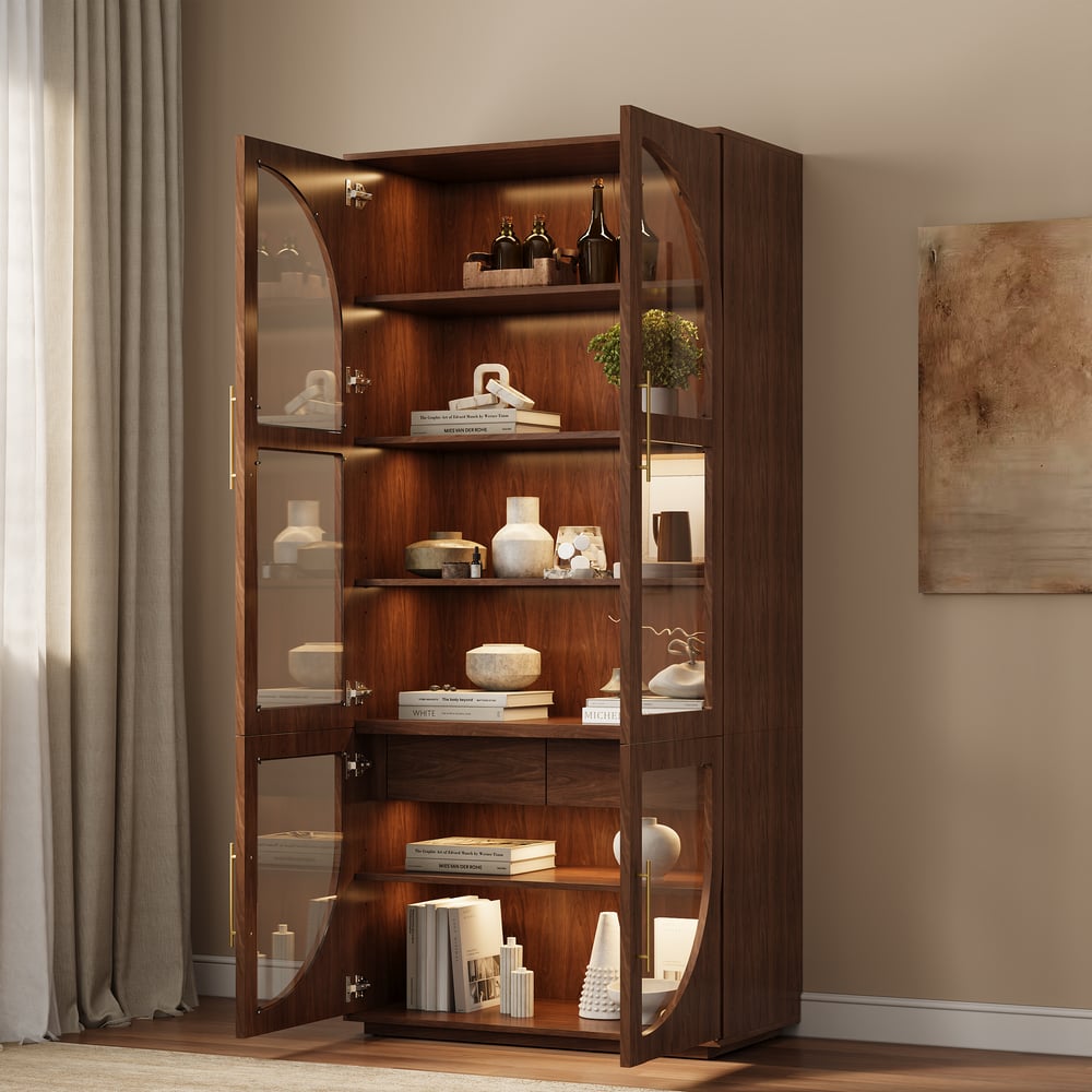Arune Glass Tall Display Cabinet with Drawers & LED Light window image