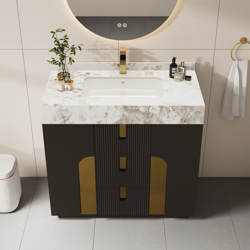 Meuble-lavabo simple autoportant Artis de 91cm avec dessus en pierre frittée image de fenêtre