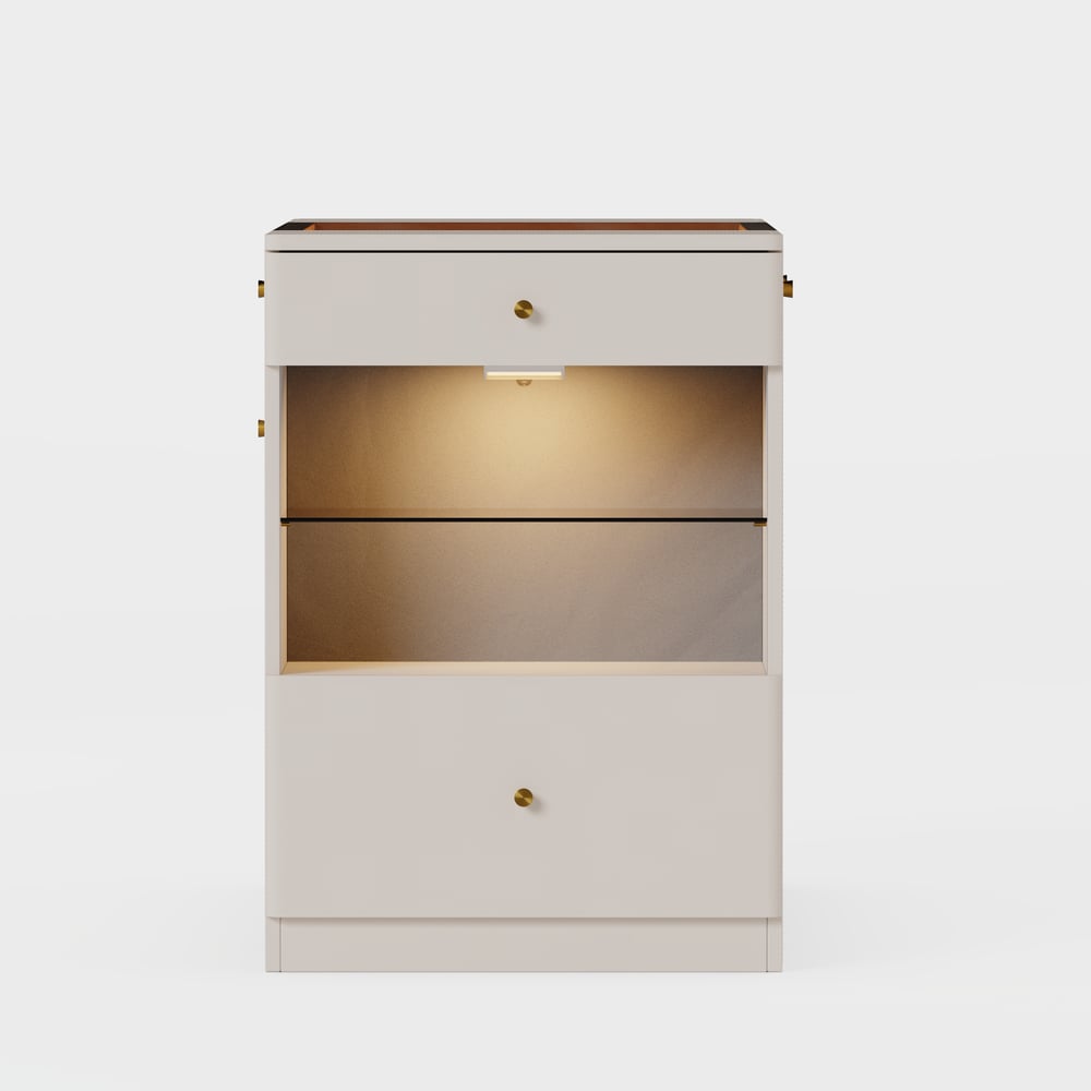 Selvo Saddle Leather Glass Top Closet Island with Storage, Light and Jewelry Display window image