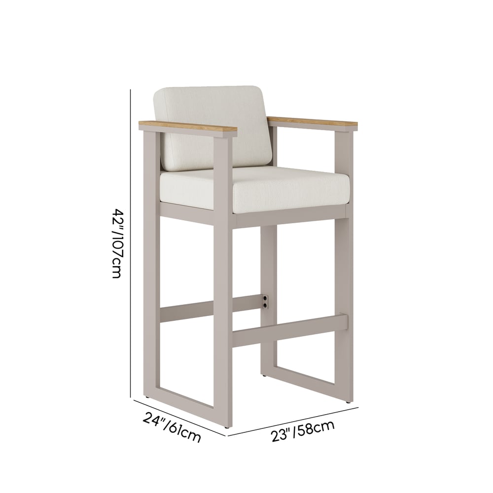 Tevara Outdoor Aluminum Frame & Teak Wood Armrest Bar Stools in Sand, Set of 2 weights dimensions image