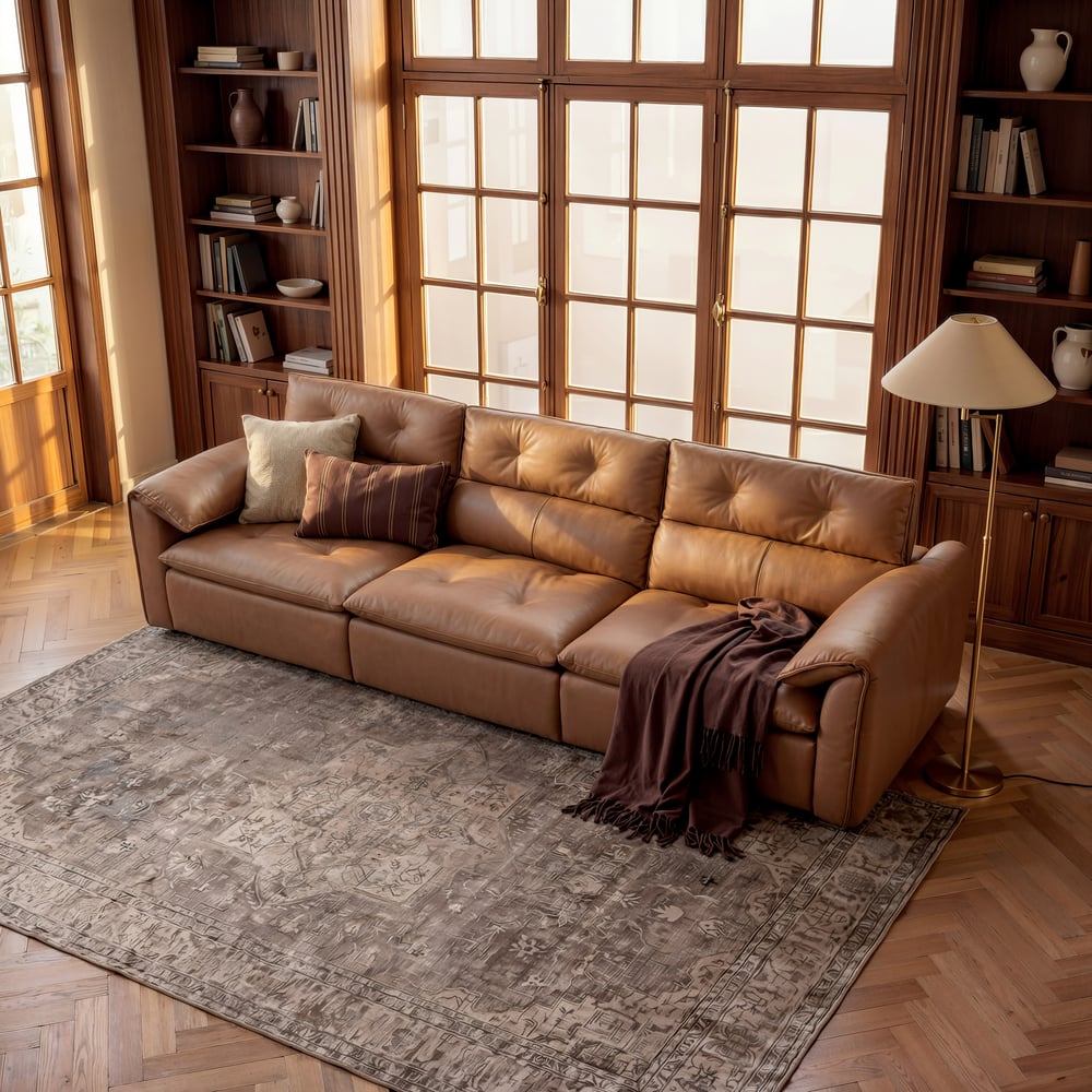 126" 3-Seater Genuine Leather Power Convertible Sleeper Sofa with Adjustable Headrests window image