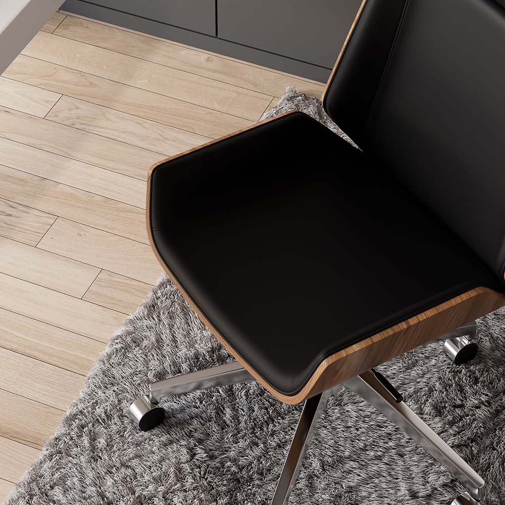 Ultic Matte Black L Shaped Home Office Desk & Faux Leather Office Chair Set with Wheels window image