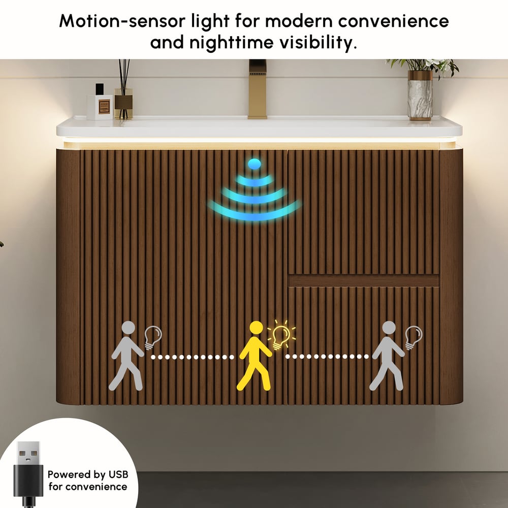 Meuble-lavabo de salle de bain flottant cannelé moderne de 81 cm avec lavabo, éclairage LED doux et grand espace de rangement image de fenêtre