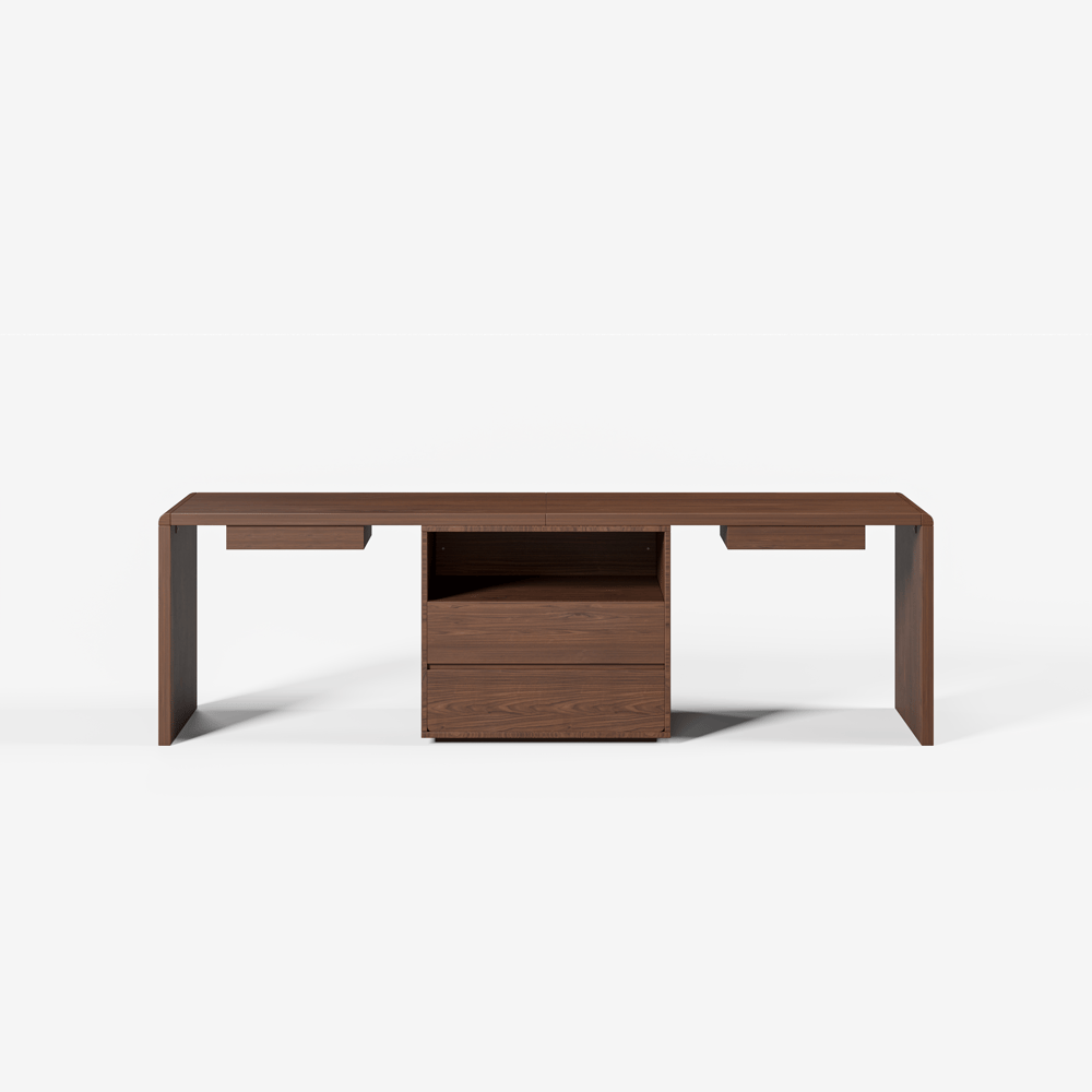 Walnut Double Desk with Drawers & 2 Black PU Leather Modern Home Office Chairs window image