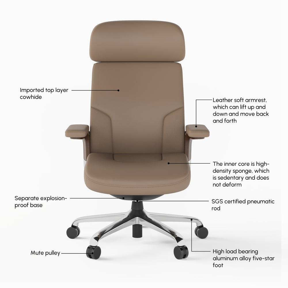 Khaki Genuine Leather Swivel Office Chair with Ergonomic Synchro-Tilt Recline System window image