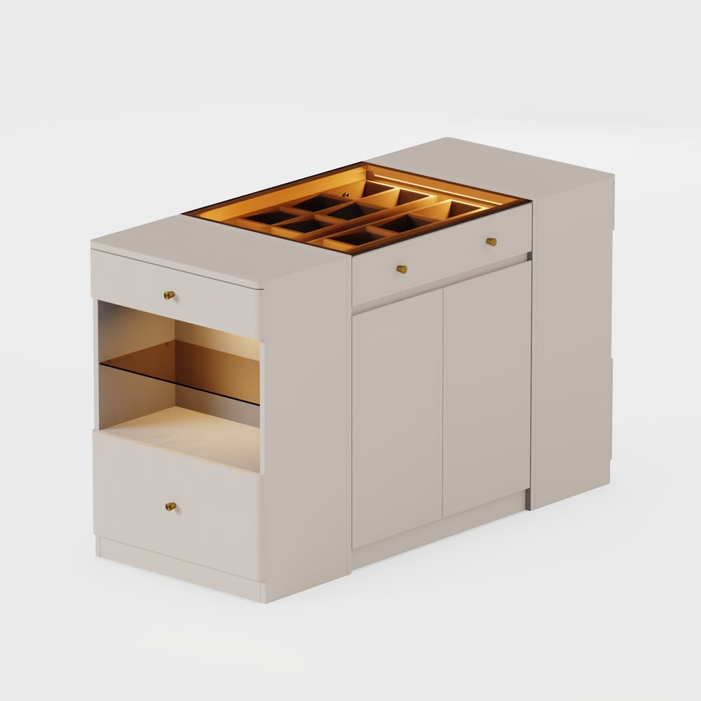 Selvo Saddle Leather Glass Top Closet Island with Storage, Light and Jewelry Display window image