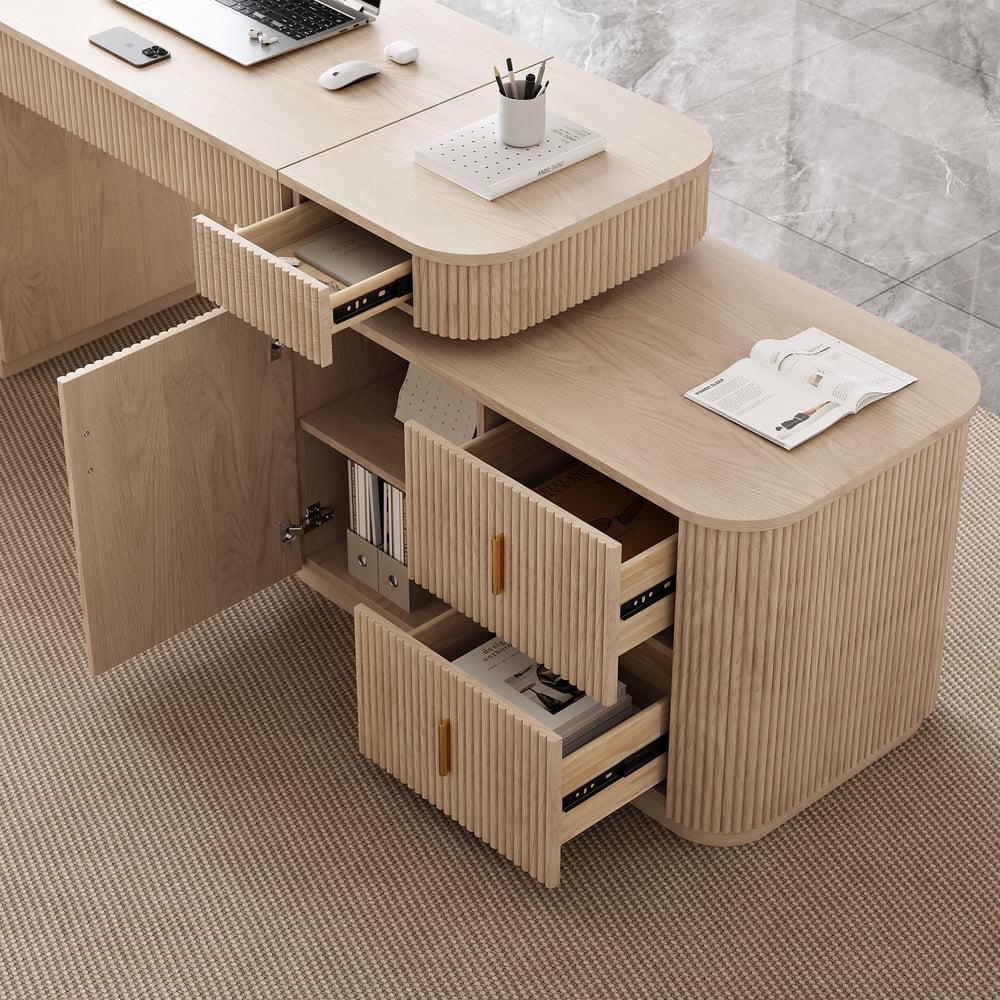 Velign 65" L-Shape Whitewash Executive Desk with Right-Side Cabinet window image