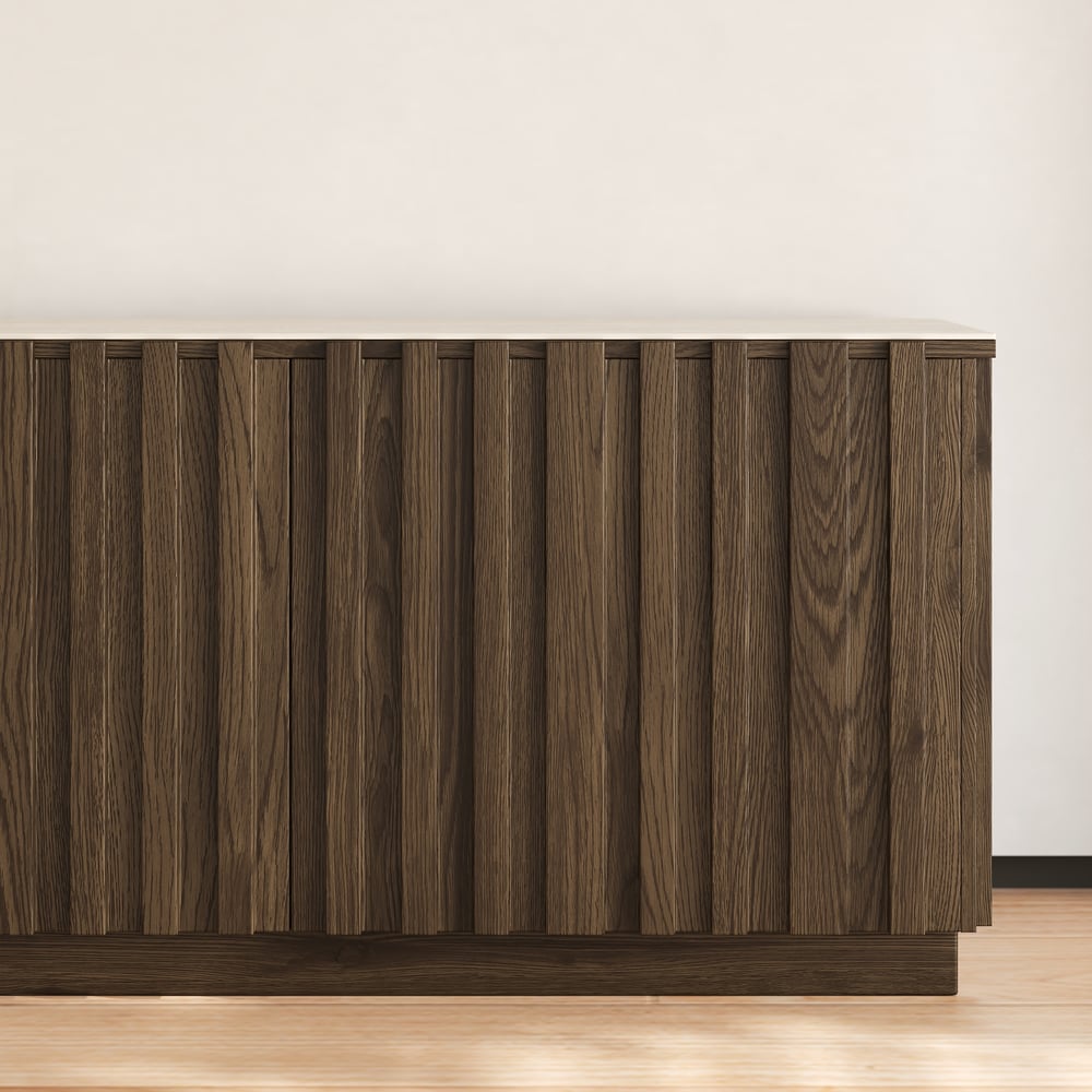 Aura 83" Ash Wood Fluted Smoked Brown TV Stand with Sintered Stone Top window image