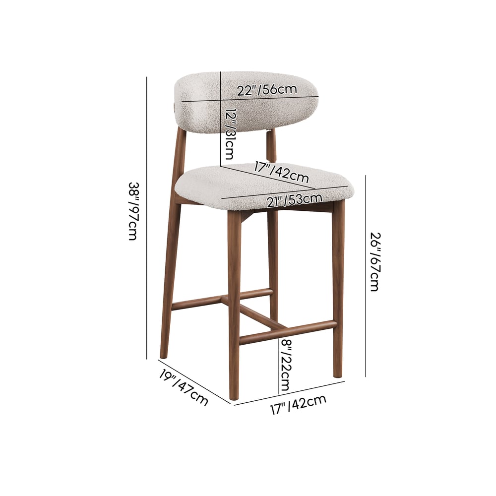 Modern Walnut Boucle Counter Stool with Wooden Legs, 1 Piece weights dimensions image