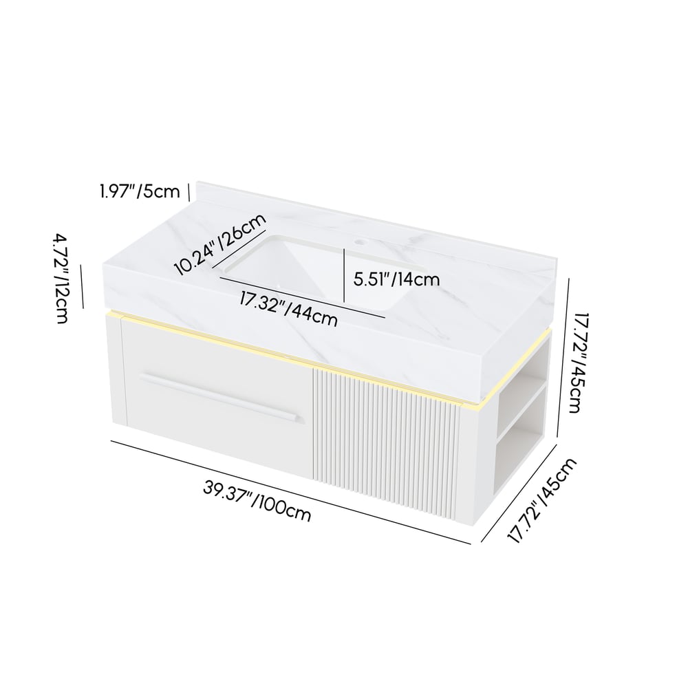 39.4" Wall-Mounted Bathroom Vanity with Sintered Stone Top, LED Sensor Light weights dimensions image